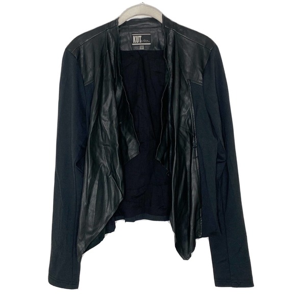 KUT FROM THE KLOTH Blazer Black Vegan Faux Leather Draped Waterfall Front Sz L - Picture 1 of 7